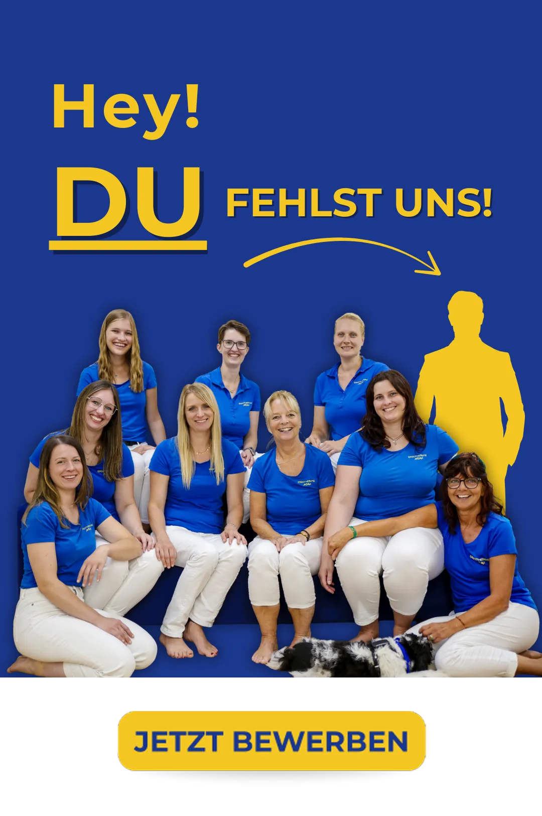 Das Moma Ergotherapie Team sitzt vor eine Silhouette mit der Aufforderung sich zu bewerben